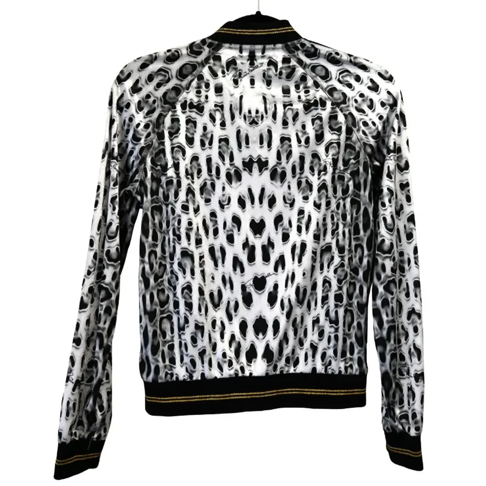 Roberto Cavalli Gym Gray Velour Leopard Print Bomber Jacket Size 38 Approx US 2